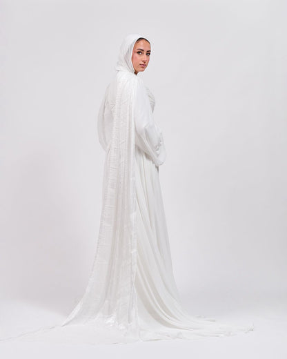The Serene Drape Dress in Off White – Shoulder Extension & Shimmer