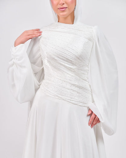 The Serene Drape Dress in Off White – Shoulder Extension & Shimmer