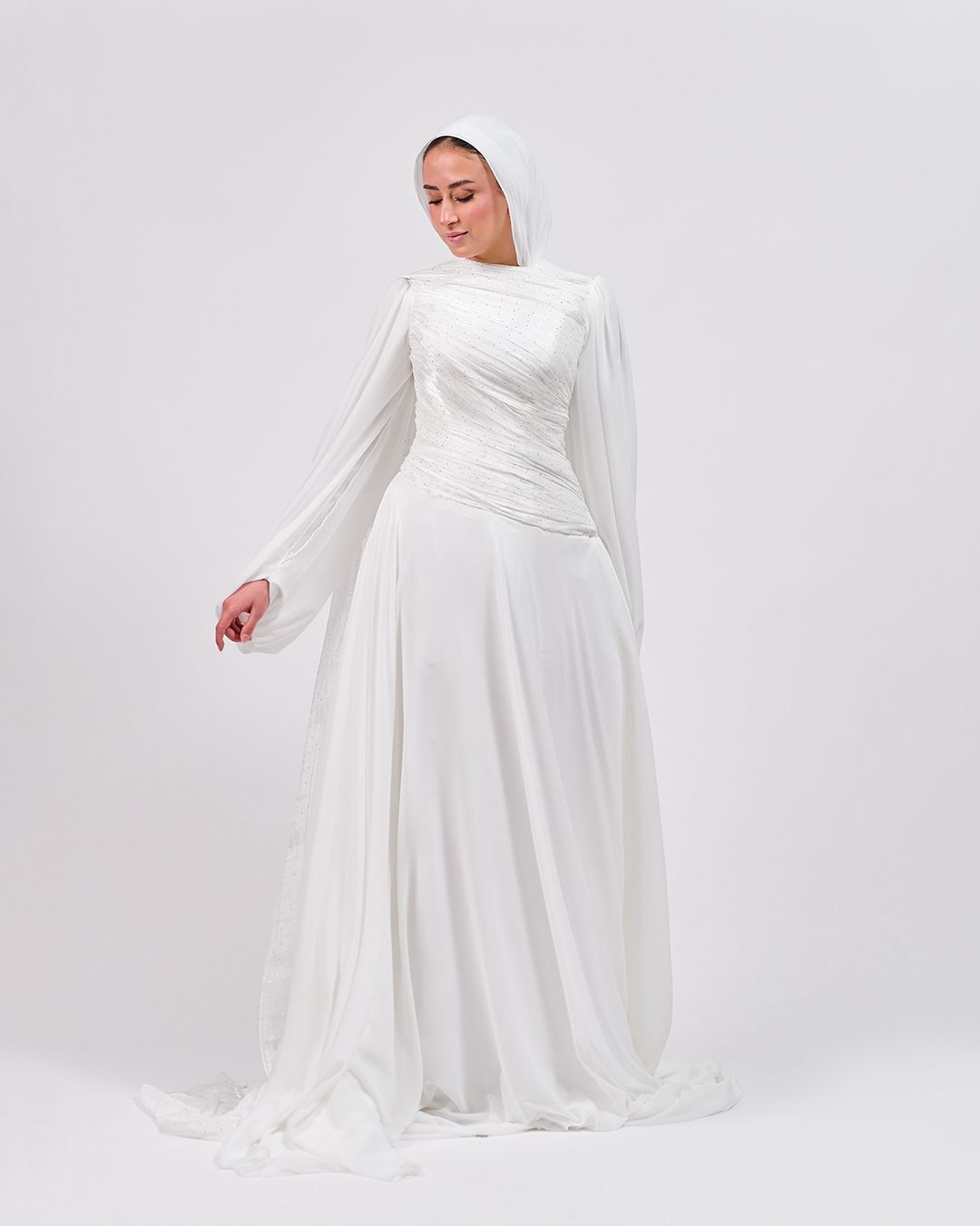 The Serene Drape Dress in Off White – Shoulder Extension & Shimmer