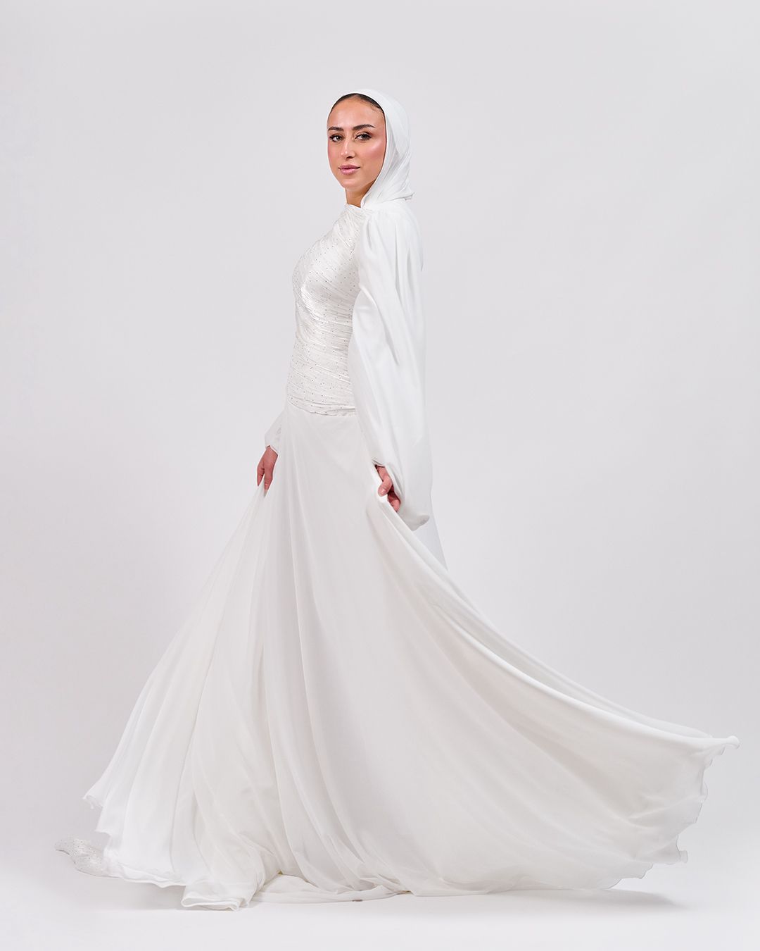The Serene Drape Dress in Off White – Shoulder Extension & Shimmer