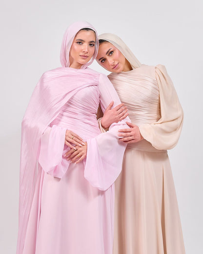 The Serene Drape Dress in Powder Pink – Shoulder Extension