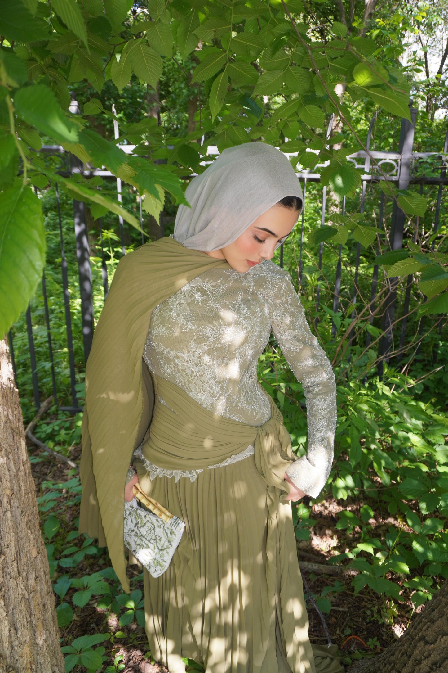 Olive Lace Chiffon Draped Dress