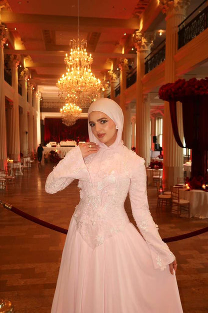 Pale Pink Layered Chiffon Lace Dress