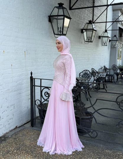 Rose Embroidered Corset Plissé Chiffon Dress