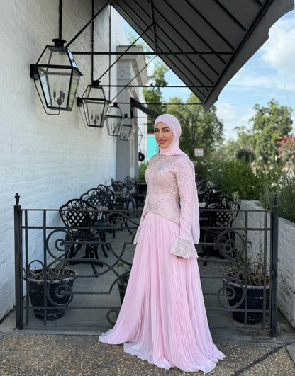Rose Embroidered Corset Plissé Chiffon Dress
