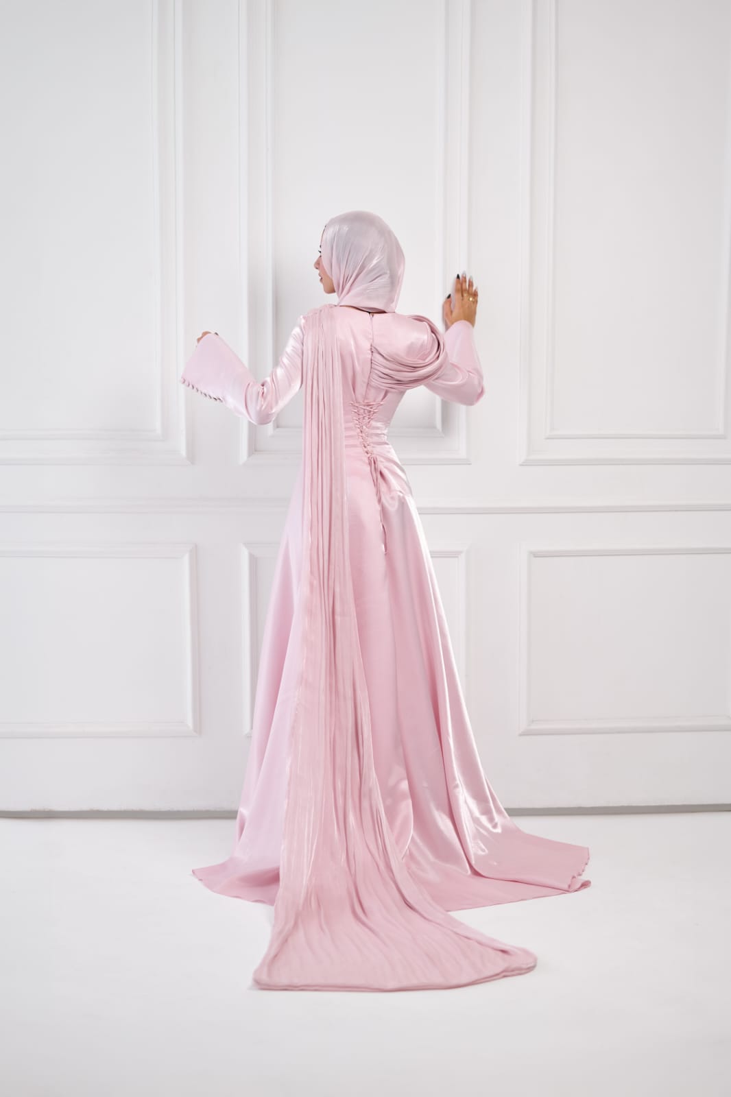 Asymmetric Grace Shoulder Drape Dress in Baby Rose