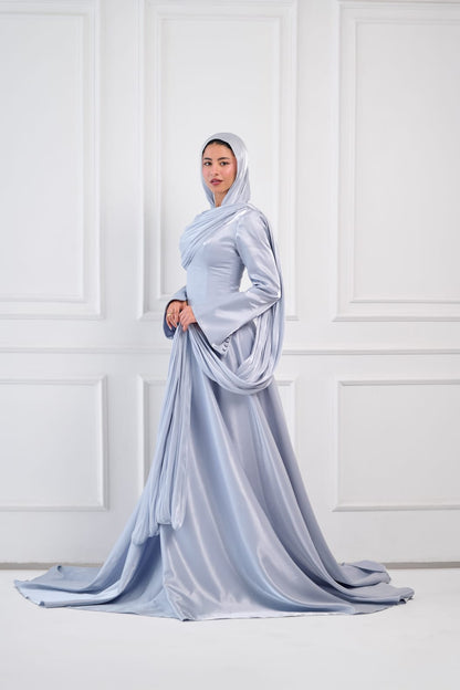 Asymmetric Grace Shoulder Drape Dress in Baby Blue