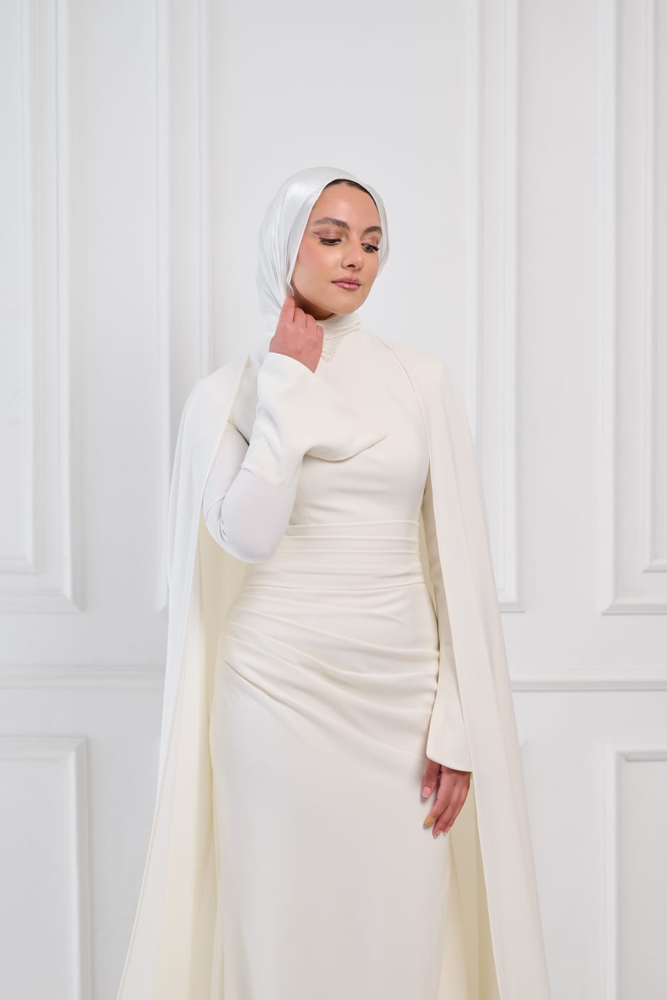 Ivory Aura Statement Cape Dress in Off-White