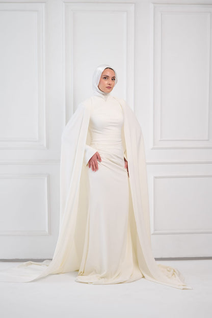 Ivory Aura Statement Cape Dress in Off-White