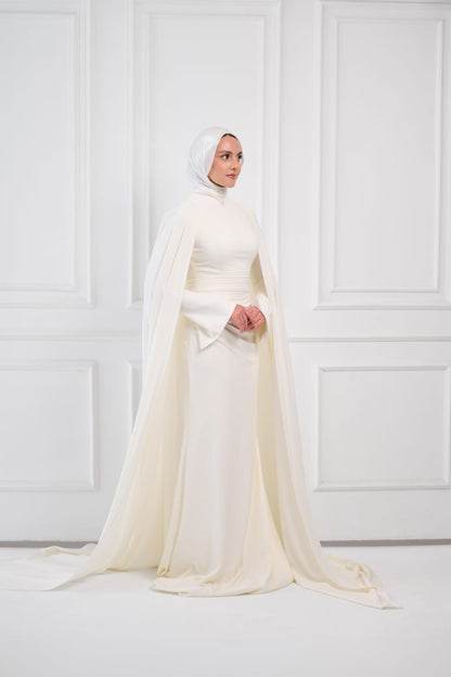 Ivory Aura Statement Cape Dress in Off-White