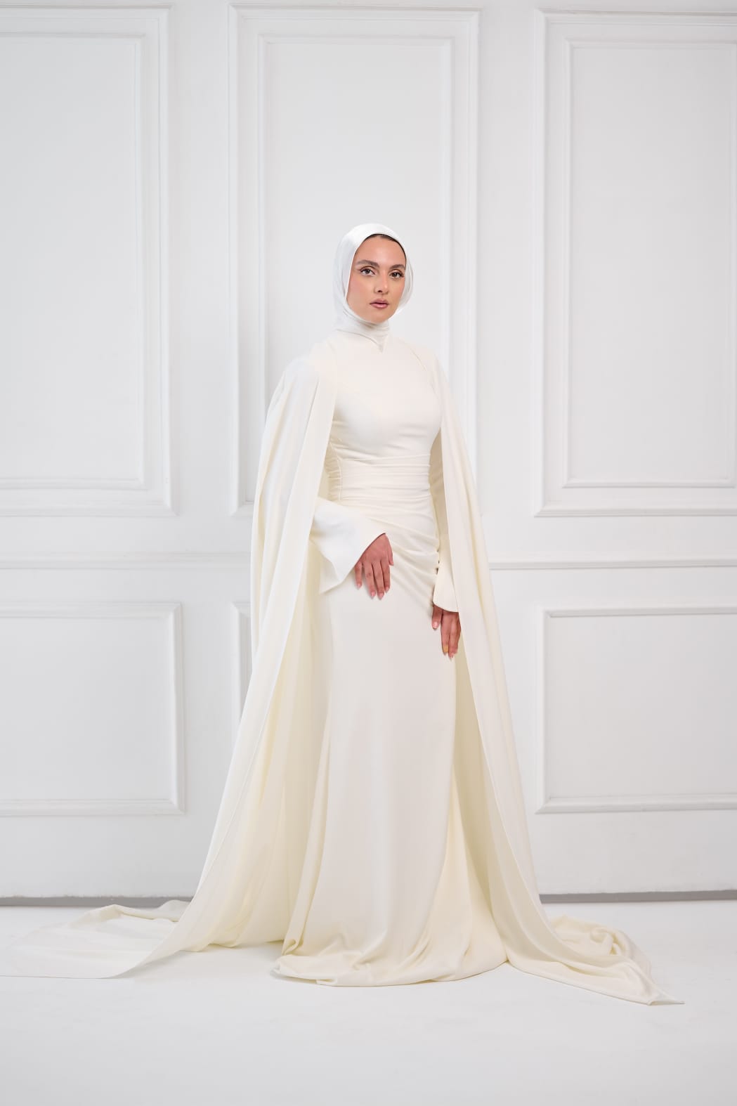 Ivory Aura Statement Cape Dress in Off-White