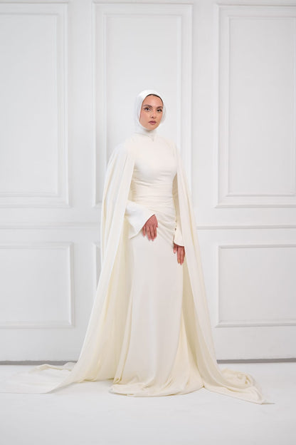 Ivory Aura Statement Cape Dress in Off-White