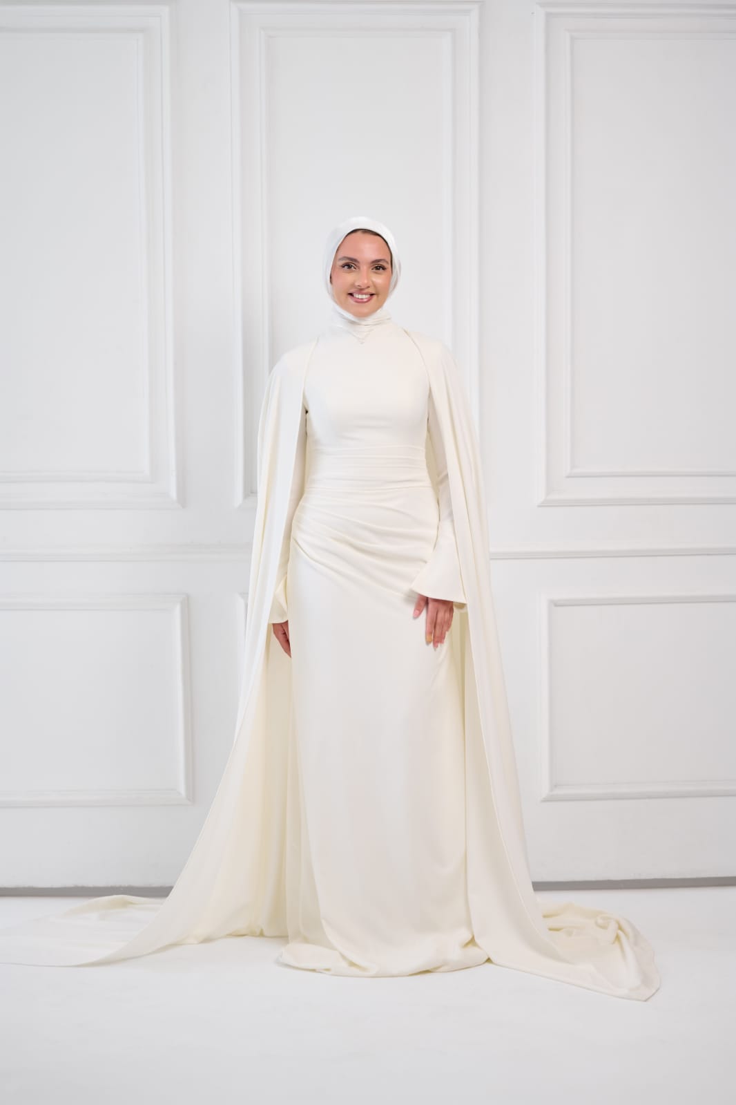 Ivory Aura Statement Cape Dress in Off-White