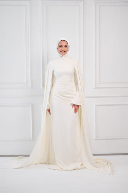 Ivory Aura Statement Cape Dress in Off-White