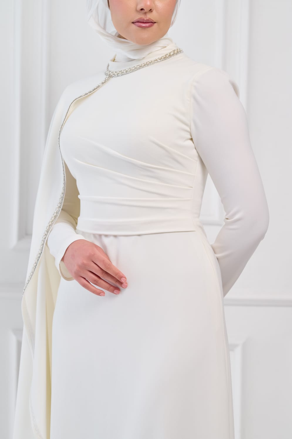 Soft Vow Embellished Drape Dress in Off White