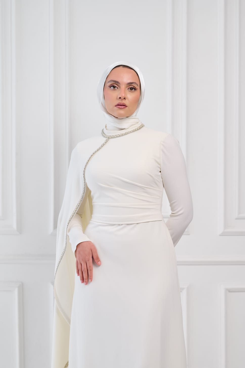 Soft Vow Embellished Drape Dress in Off White