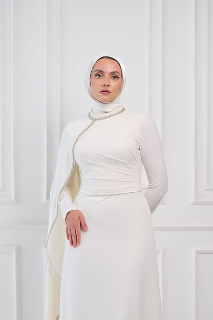 Soft Vow Embellished Drape Dress in Off White