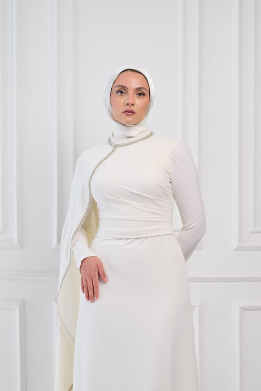 Soft Vow Embellished Drape Dress in Off White