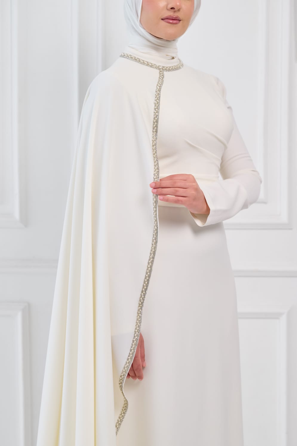 Soft Vow Embellished Drape Dress in Off White