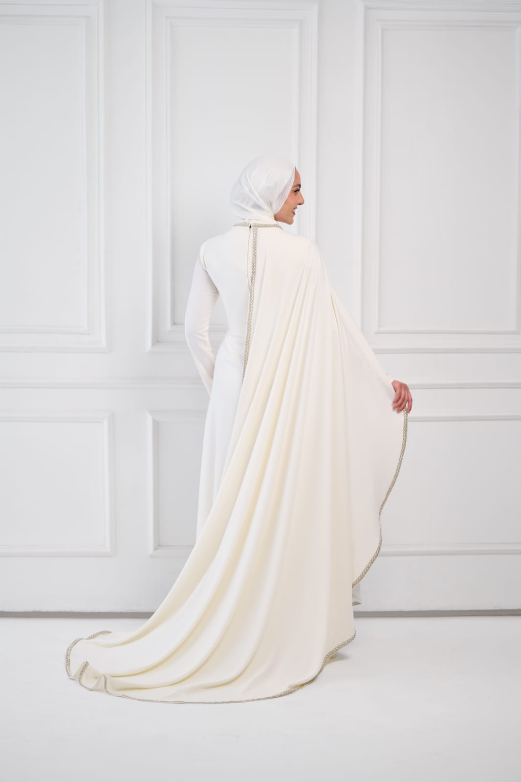 Soft Vow Embellished Drape Dress in Off White