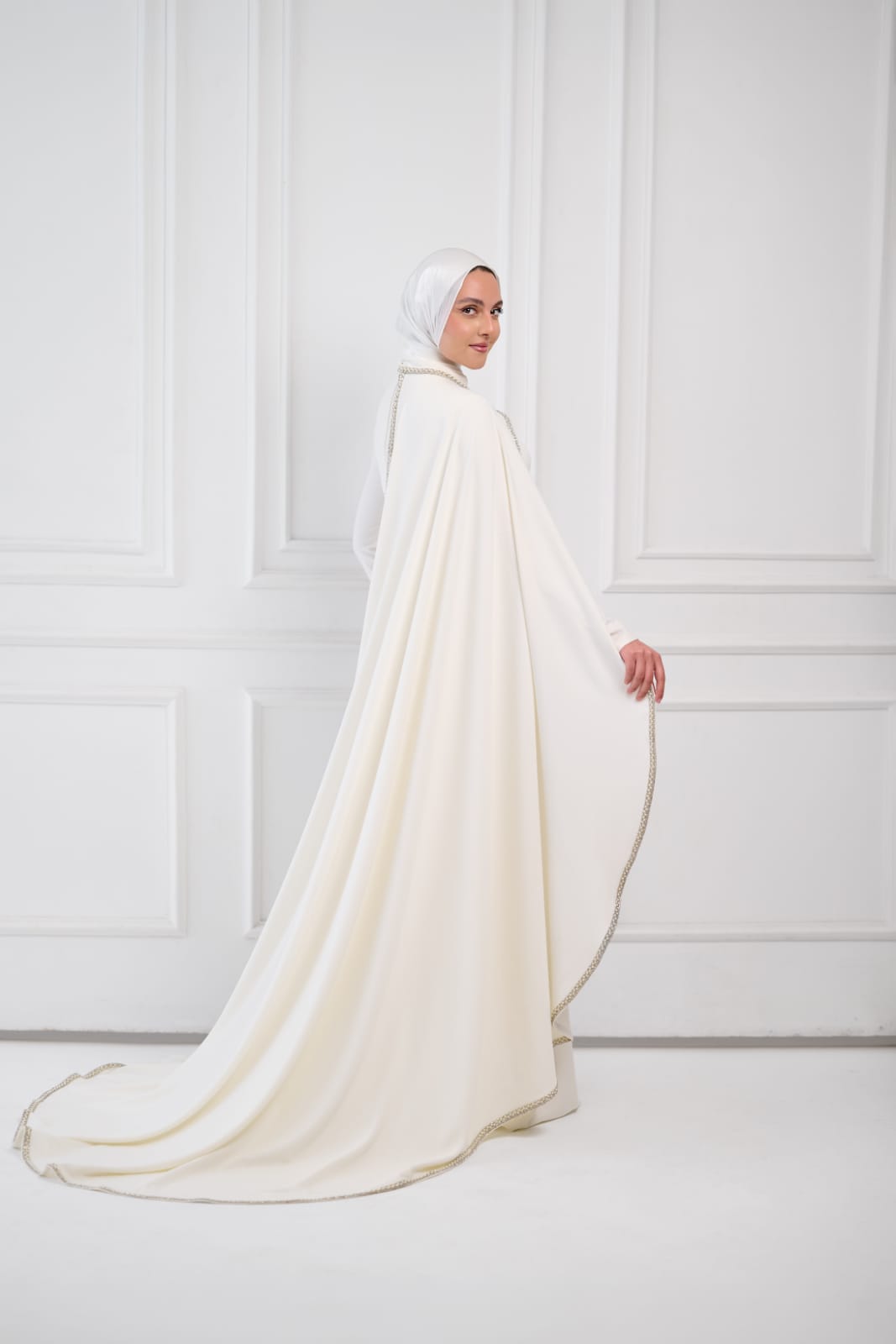 Soft Vow Embellished Drape Dress in Off White