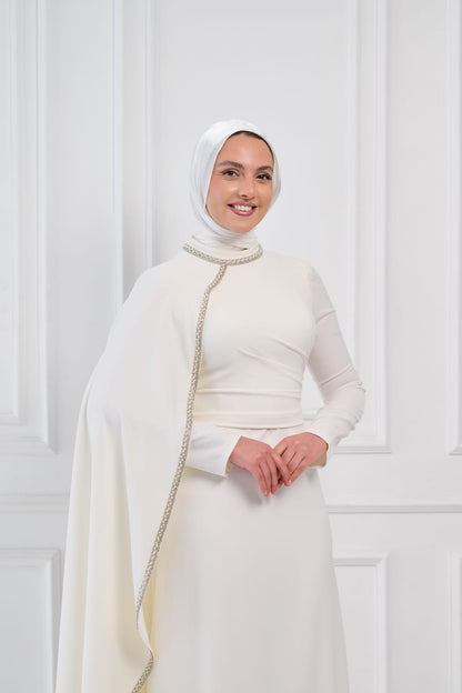 Soft Vow Embellished Drape Dress in Off White