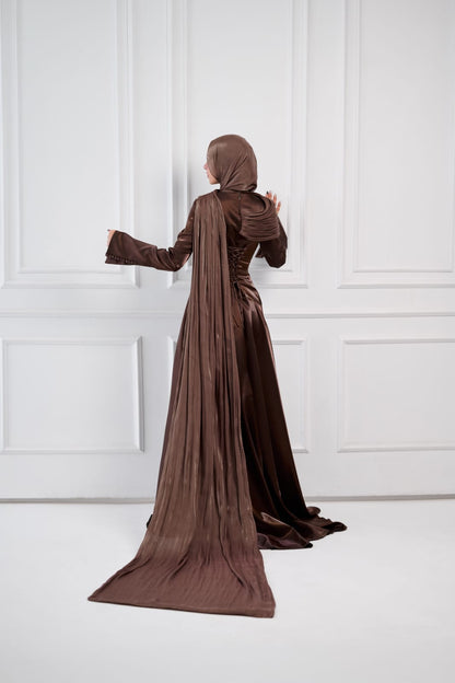Asymmetric Grace Shoulder Drape Dress in Brown