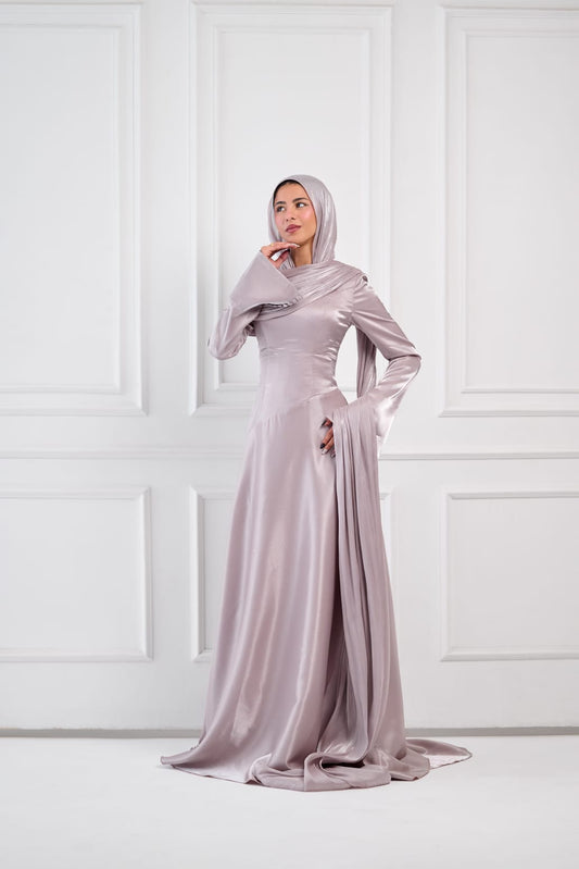 Asymmetric Grace Shoulder Drape Dress in Lilac