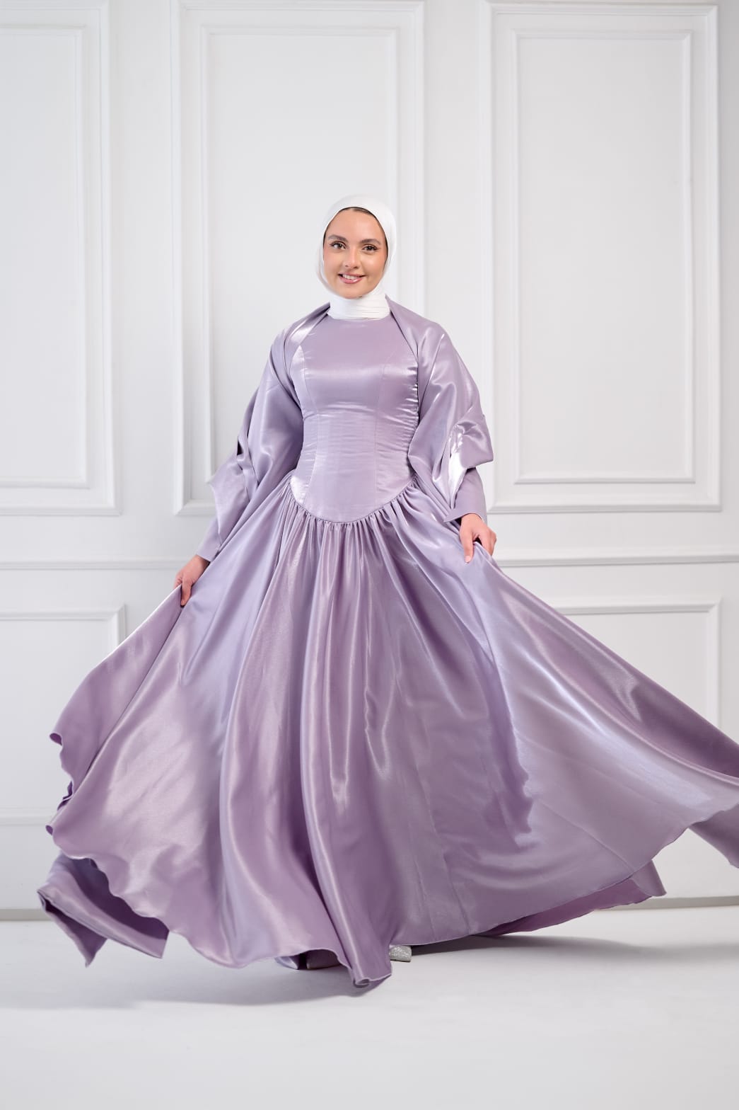 Flowing Grace Statement Sleeve Dress in Lavender