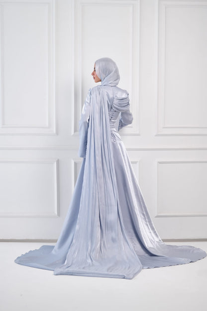 Asymmetric Grace Shoulder Drape Dress in Baby Blue