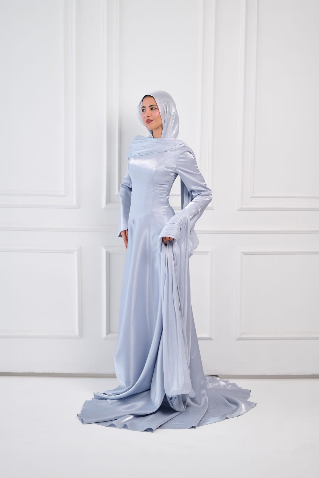 Asymmetric Grace Shoulder Drape Dress in Baby Blue