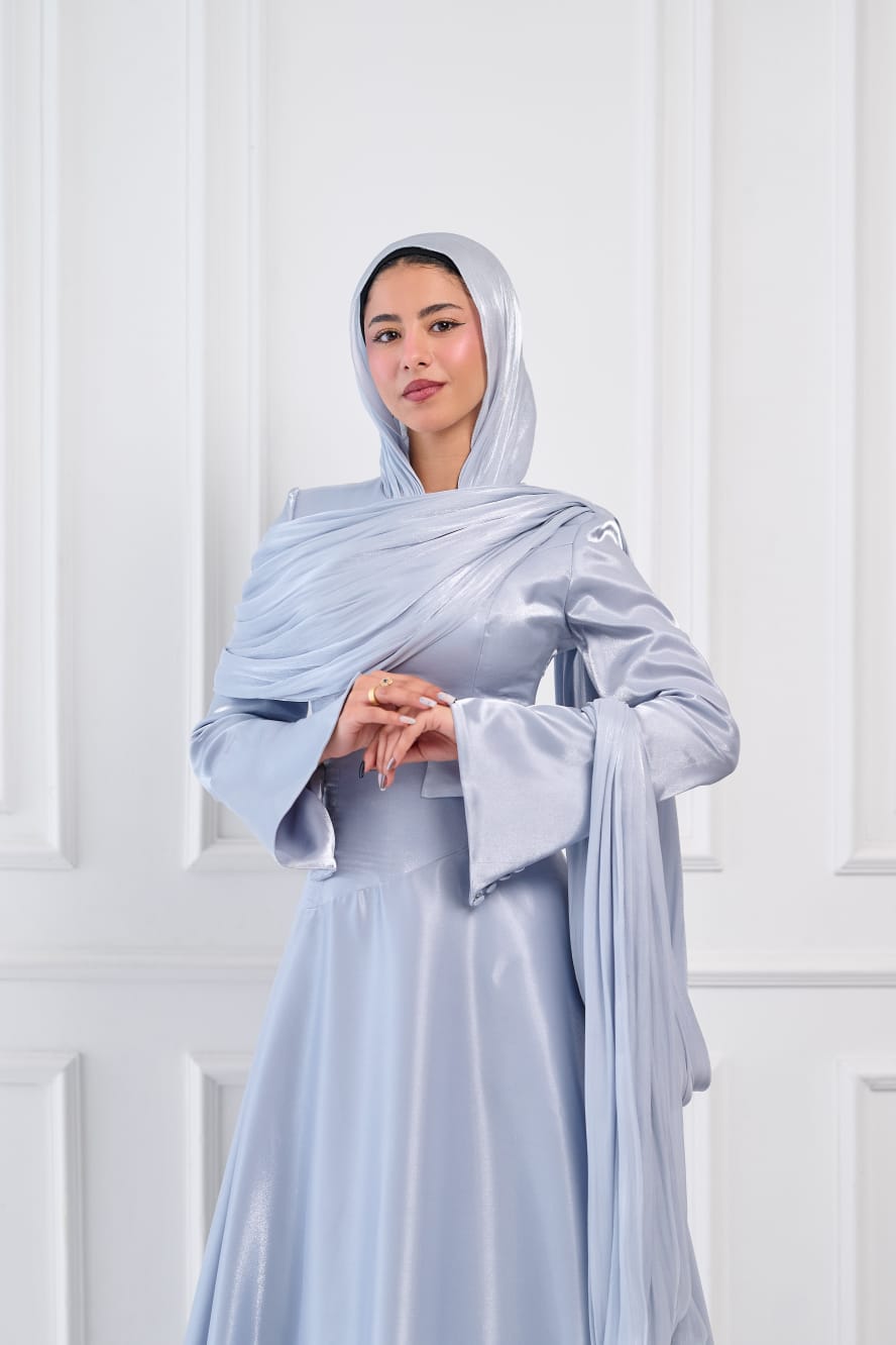 Asymmetric Grace Shoulder Drape Dress in Baby Blue