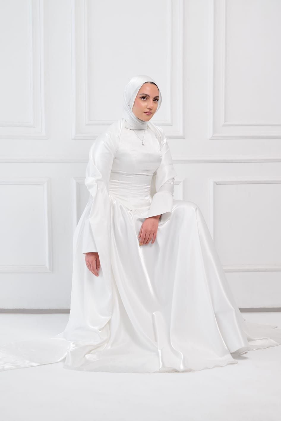 Flowing Grace Statement Sleeve Dress in Off-White