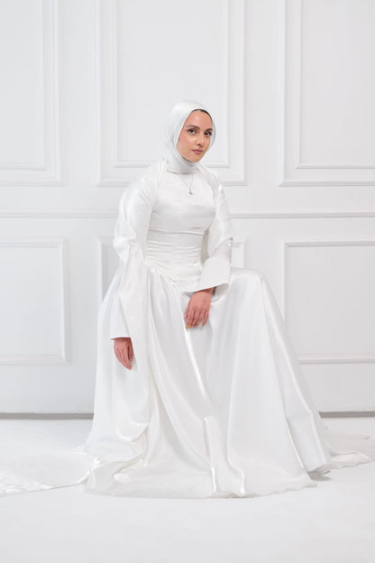 Flowing Grace Statement Sleeve Dress in Off-White