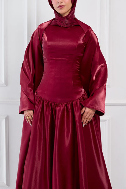 Flowing Grace Statement Sleeve Dress in Burgundy