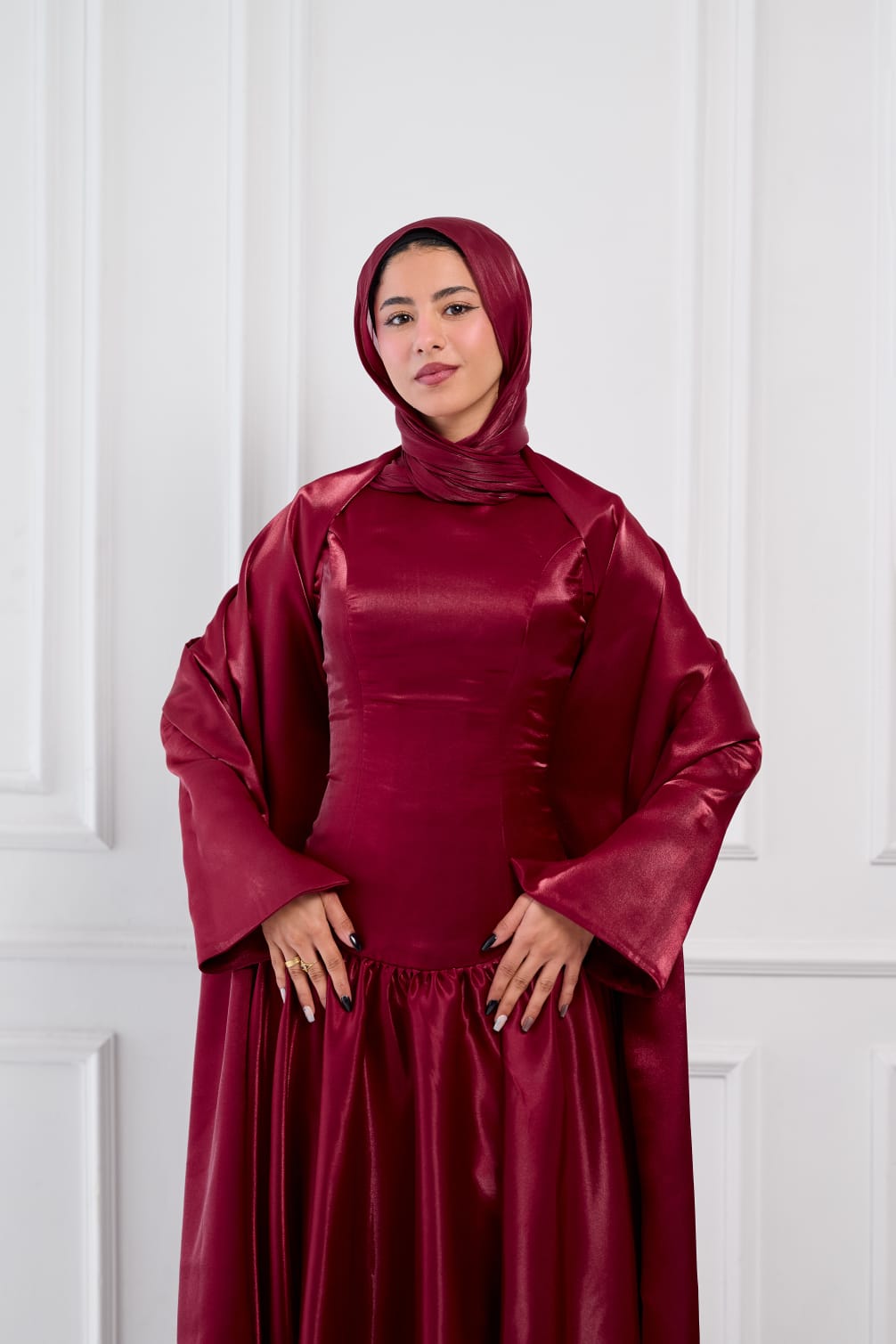 Flowing Grace Statement Sleeve Dress in Burgundy