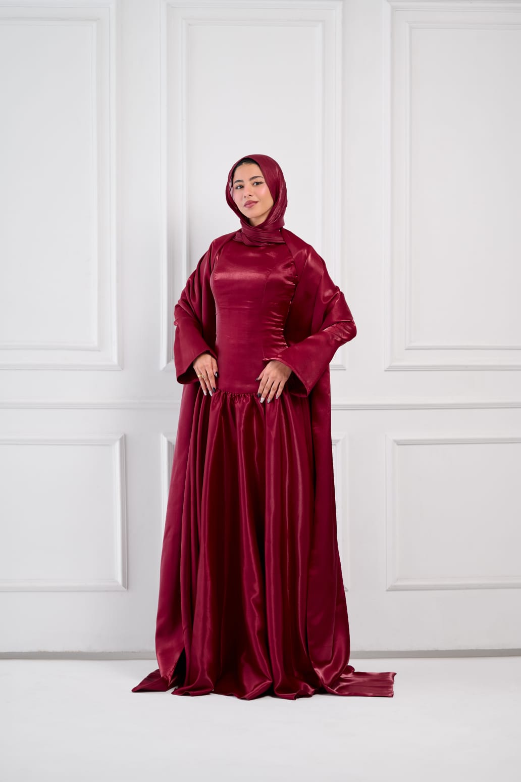 Flowing Grace Statement Sleeve Dress in Burgundy