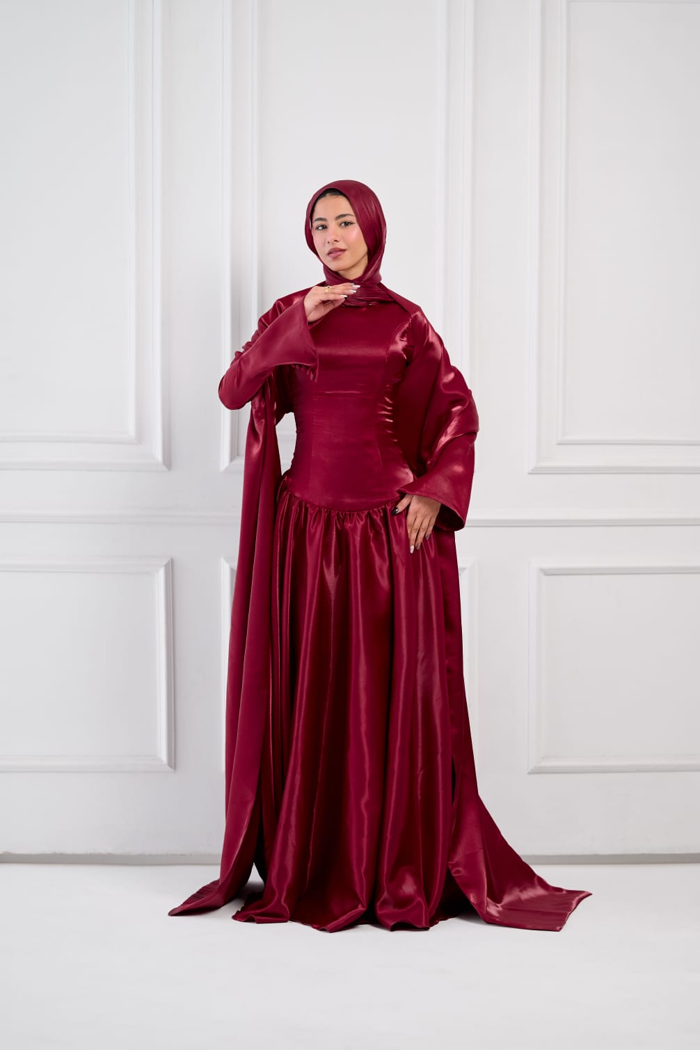 Flowing Grace Statement Sleeve Dress in Burgundy