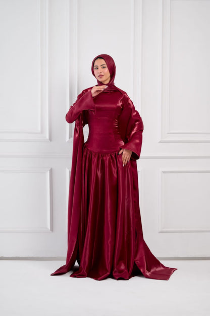 Flowing Grace Statement Sleeve Dress in Burgundy