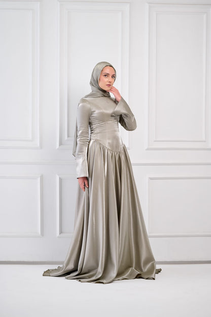 Flowing Grace Statement Sleeve Dress in Sage