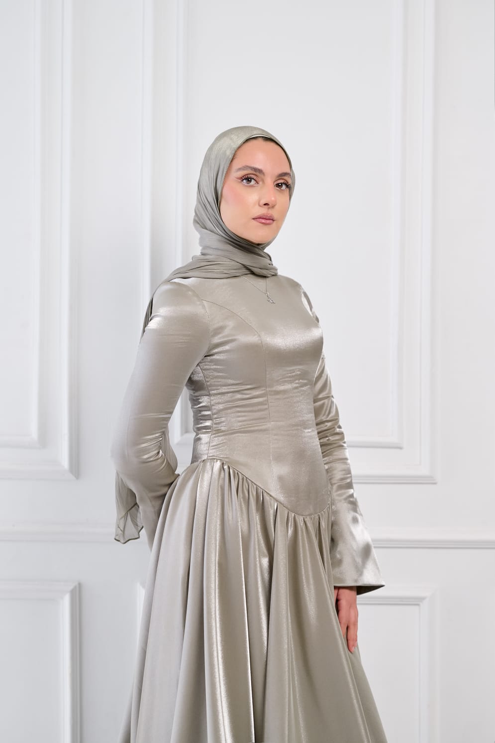 Flowing Grace Statement Sleeve Dress in Sage