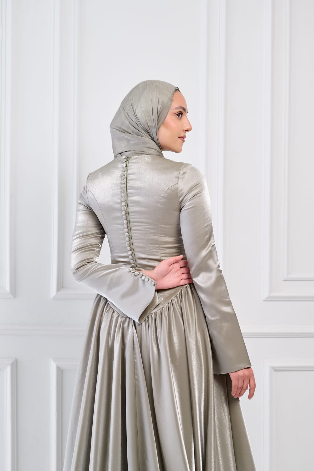 Flowing Grace Statement Sleeve Dress in Sage