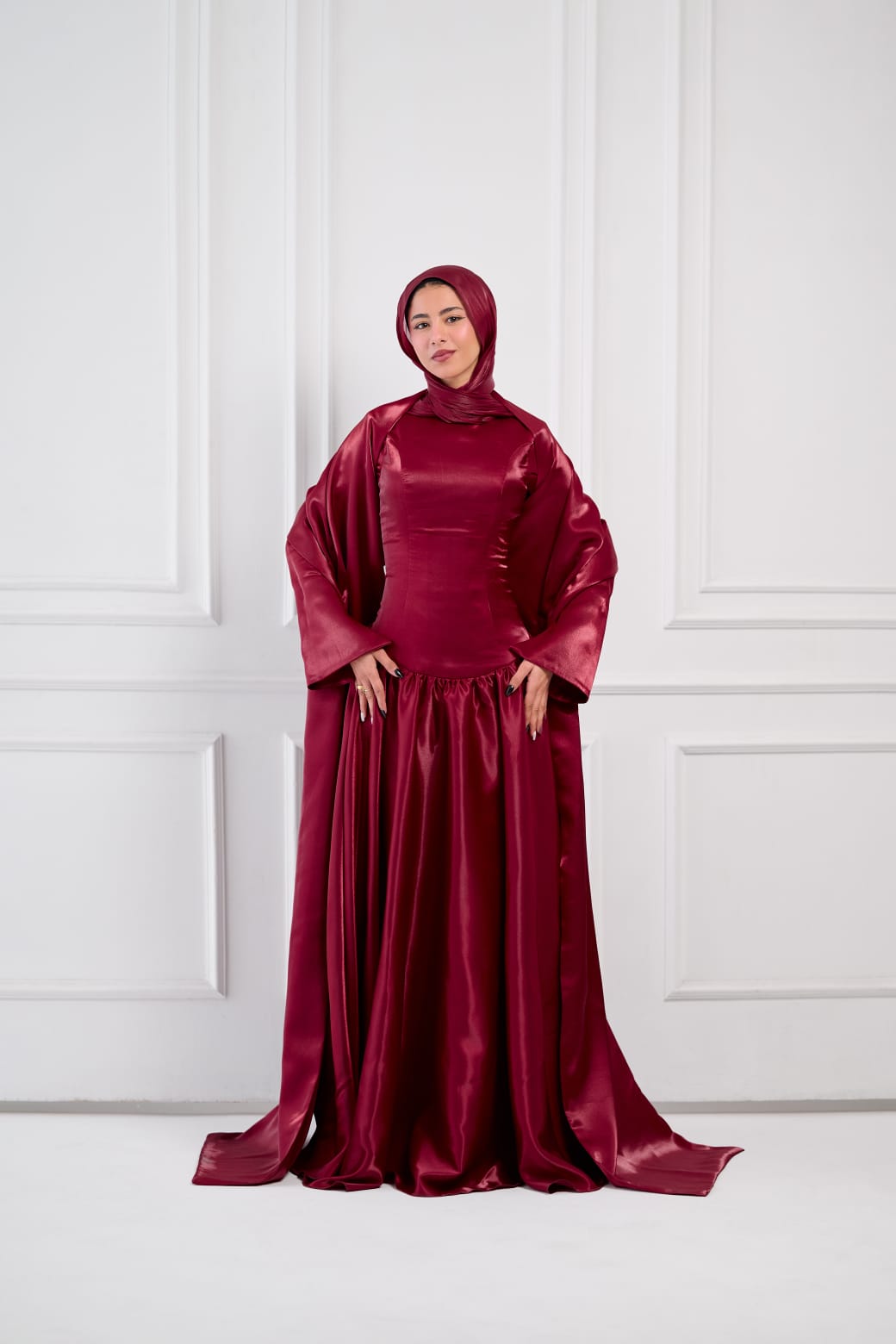 Flowing Grace Statement Sleeve Dress in Burgundy