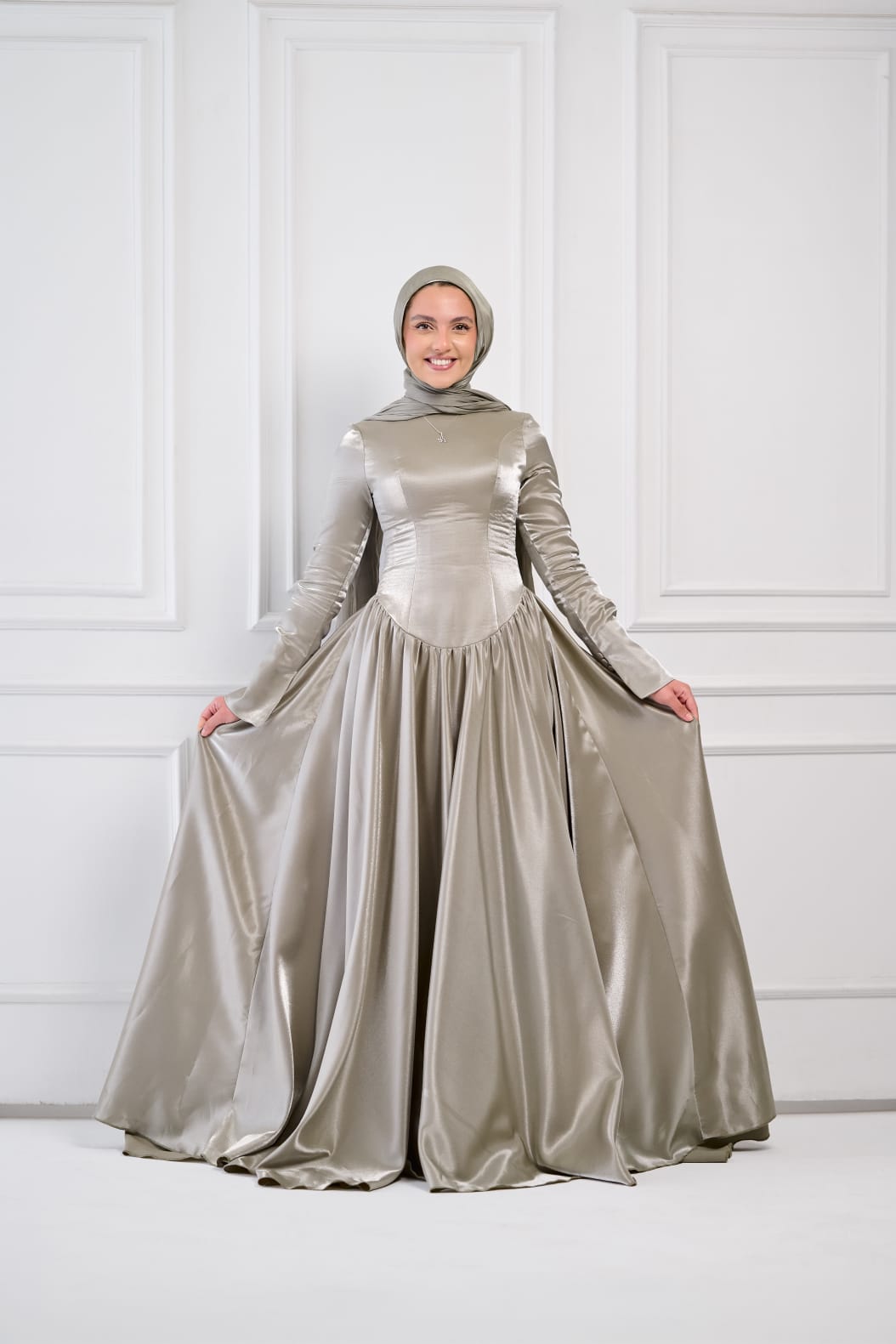 Flowing Grace Statement Sleeve Dress in Sage