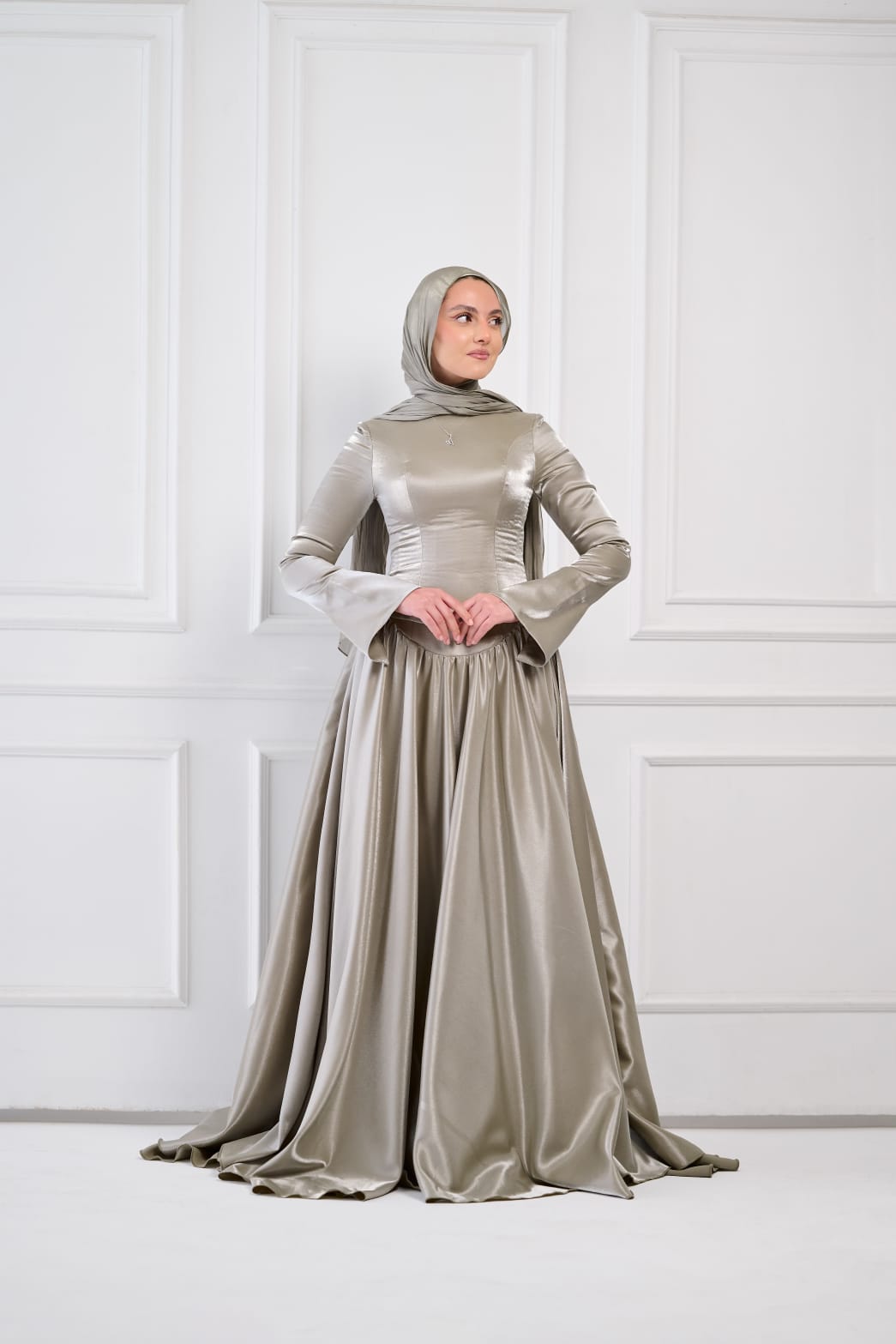 Flowing Grace Statement Sleeve Dress in Sage