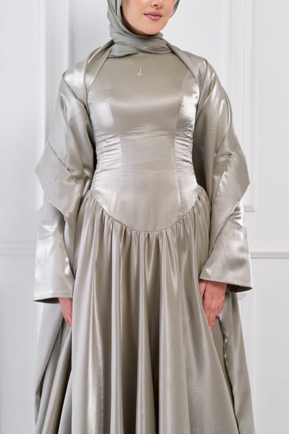 Flowing Grace Statement Sleeve Dress in Sage