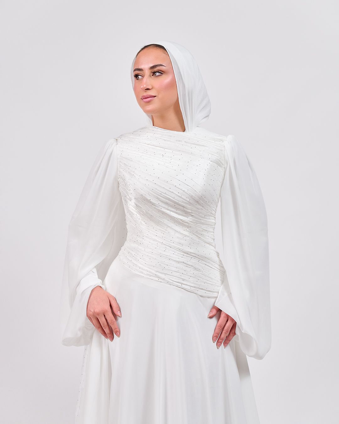 The Serene Drape Dress in Off White – Shoulder Extension & Shimmer