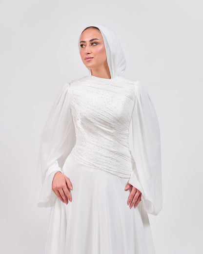 The Serene Drape Dress in Off White – Shoulder Extension & Shimmer