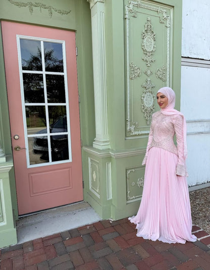 Rose Embroidered Corset Plissé Chiffon Dress