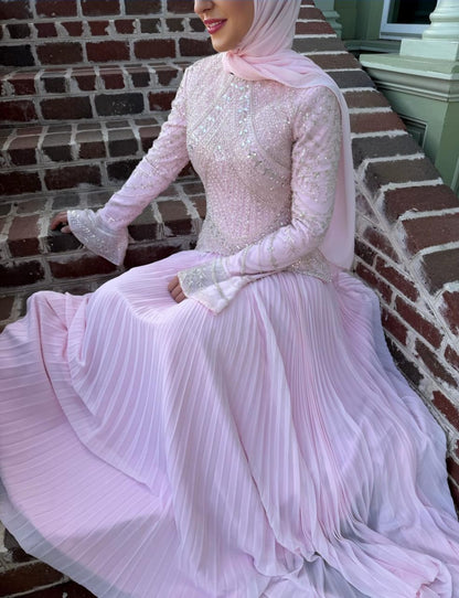 Rose Embroidered Corset Plissé Chiffon Dress